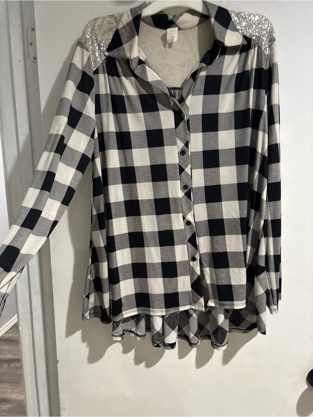 Sequin Shoulder Black & White Plaid Button-Up Shirt - Picture 2 of 4